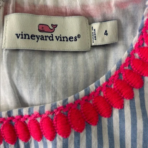 VINEYARD VINES BLUE STRIPED SLEEVELESS DRESS PINK APPLIQUES ZIPPER BACK size 4 - Picture 2 of 11